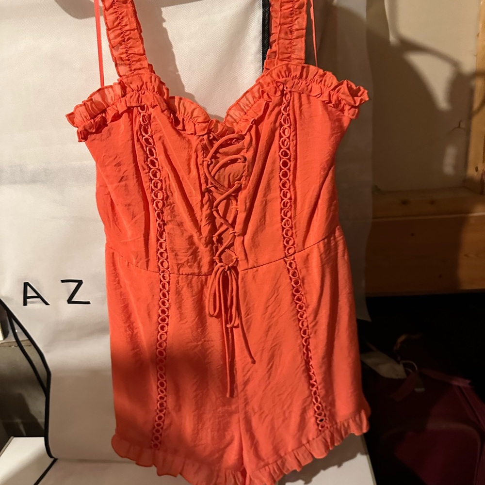 Fashion Nova Vibrant Orange Lace-Up Ruffle romper